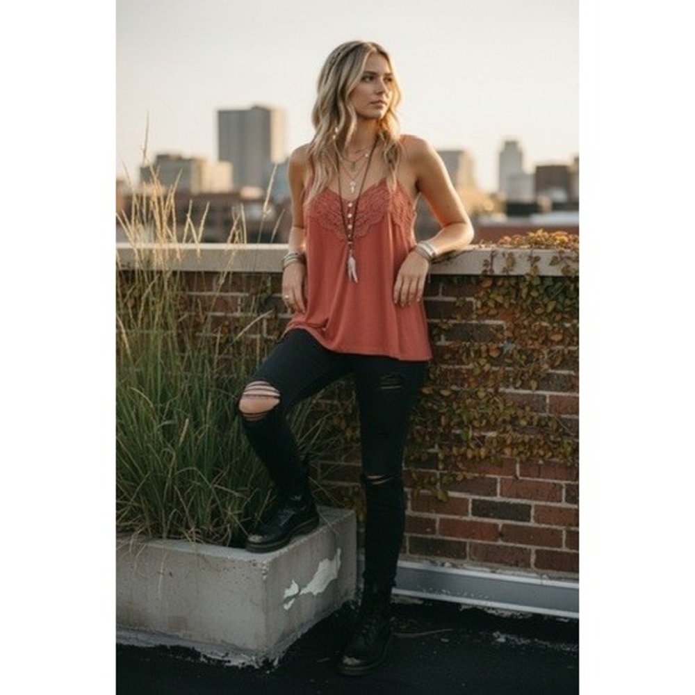 Y2K Boho Festival Fairycore Grunge Lace Trim Rust Orange Cami Tank Top Large